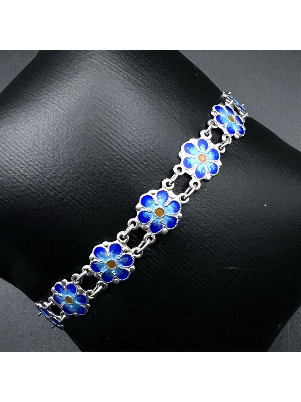 Vintage Sterling Silver Blue Enamel Forget-Me-Not Panel Link Bracelet 7.5"